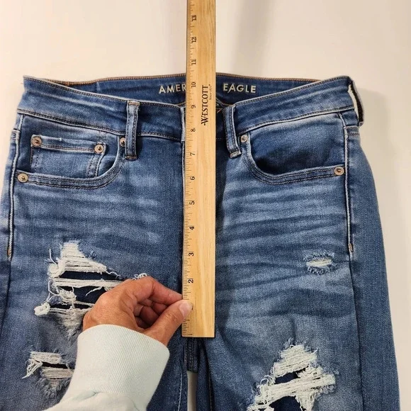 American Eagle Distressed High Rise Jegging Medium Wash Denim Flap Jeans Sz 6R - Picture 14 of 15
